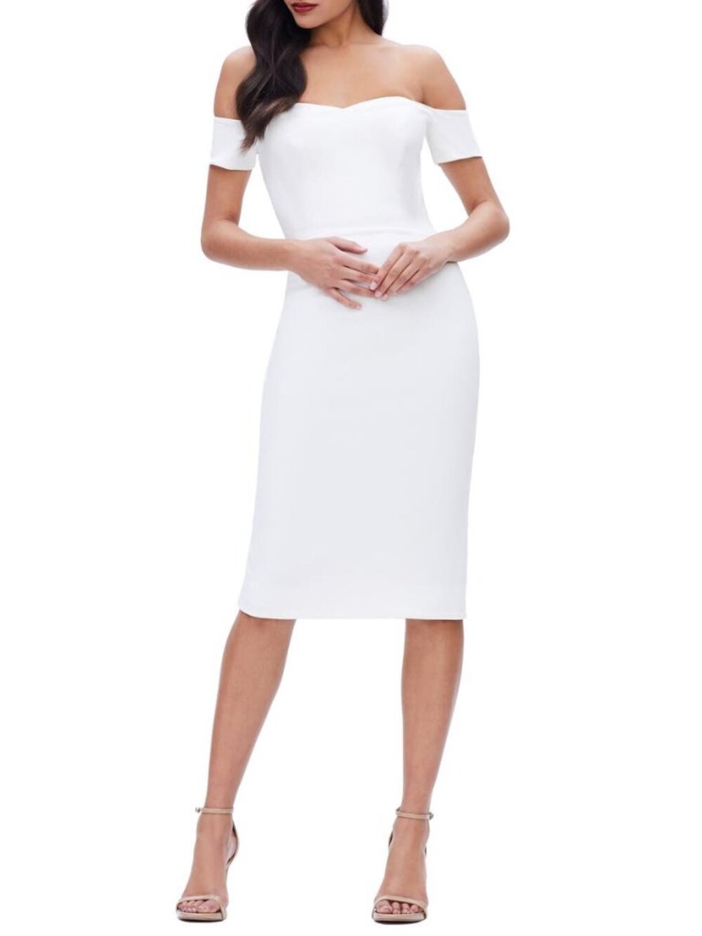 🆕DRESS THE POPULATION Bailey Off Shoulder Body-Con Dress Large 8-10 Off-White